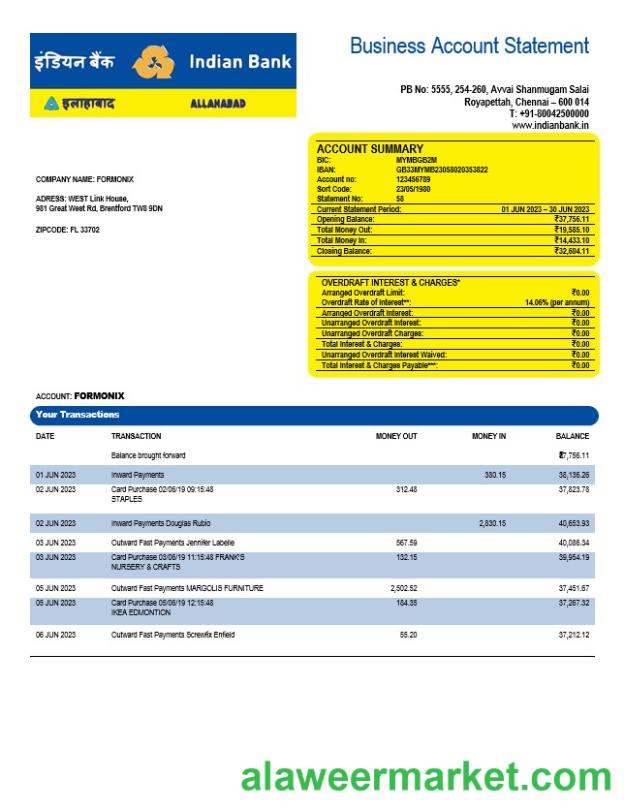 Indian Bank organization checking account statement Word and PDF template
